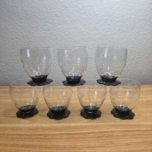 Rare 7 Weston Black Lily Pad Foot Base Cordial Art Deco Glasses‎ Etched Floral